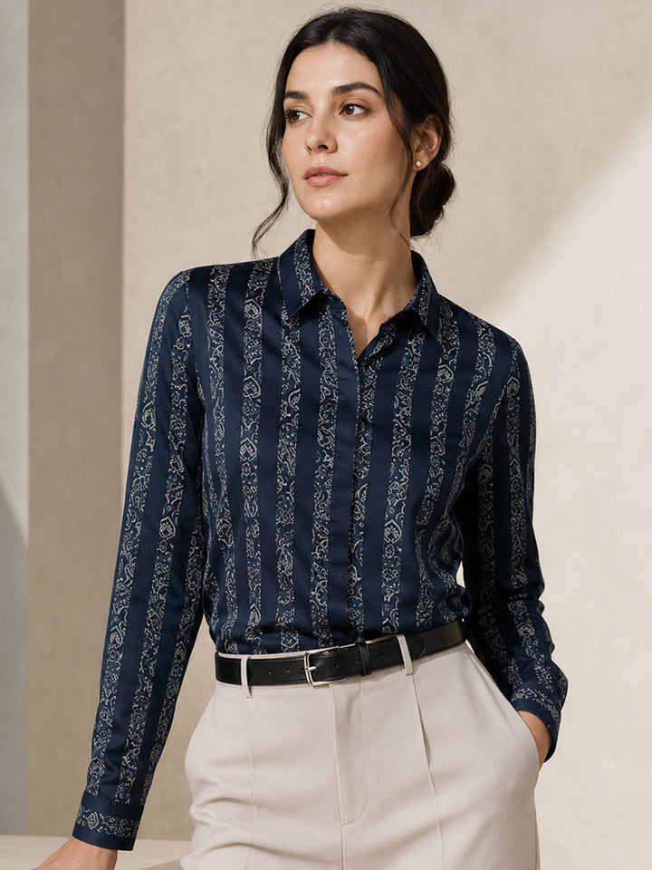 Women Navy Blue Striped Pure Cotton Regular Fit Party Shirt