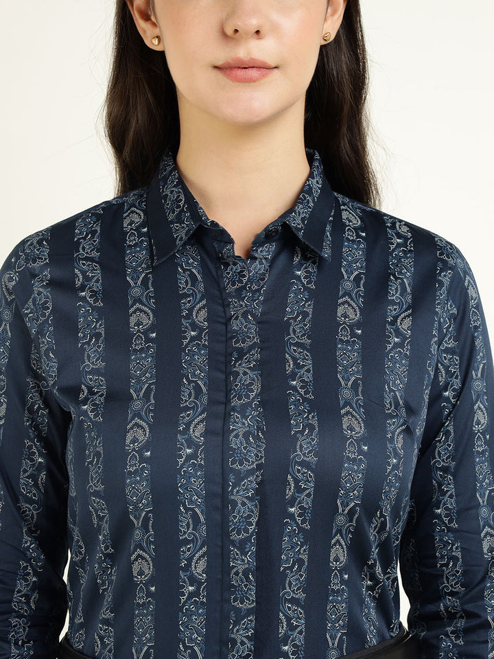 Women Navy Blue Striped Pure Cotton Regular Fit Party Shirt