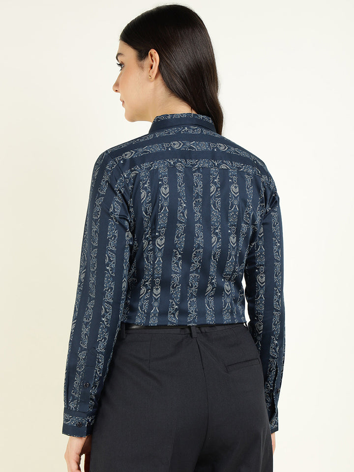 Women Navy Blue Striped Pure Cotton Regular Fit Party Shirt