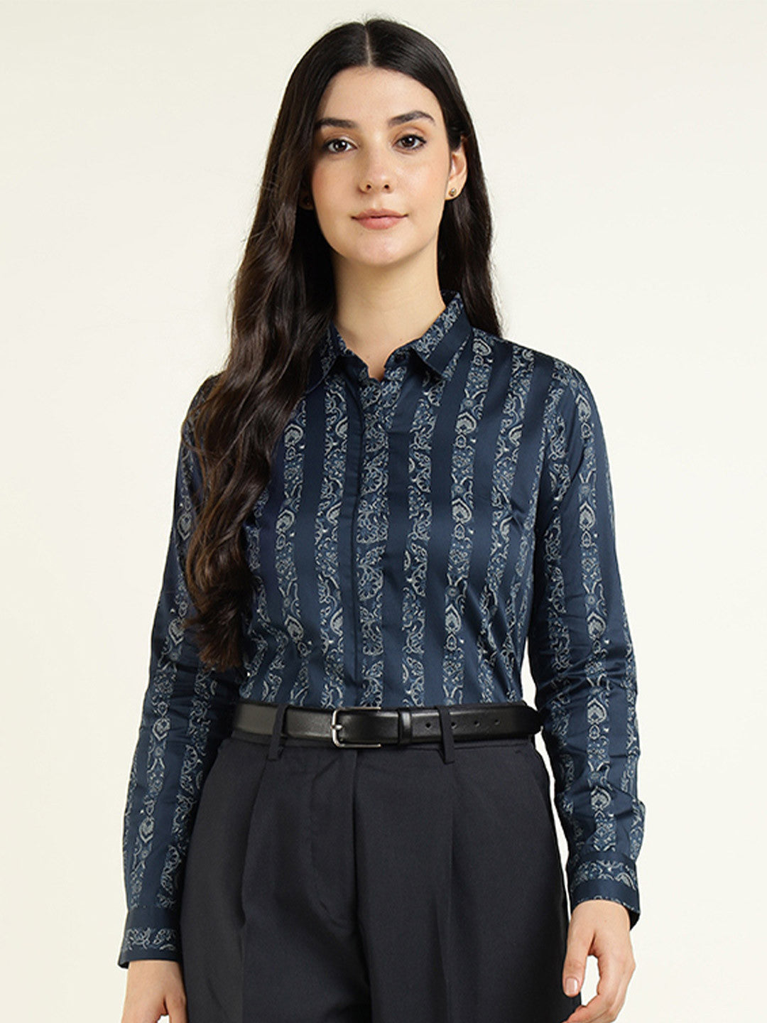 Women Navy Blue Striped Pure Cotton Regular Fit Party Shirt
