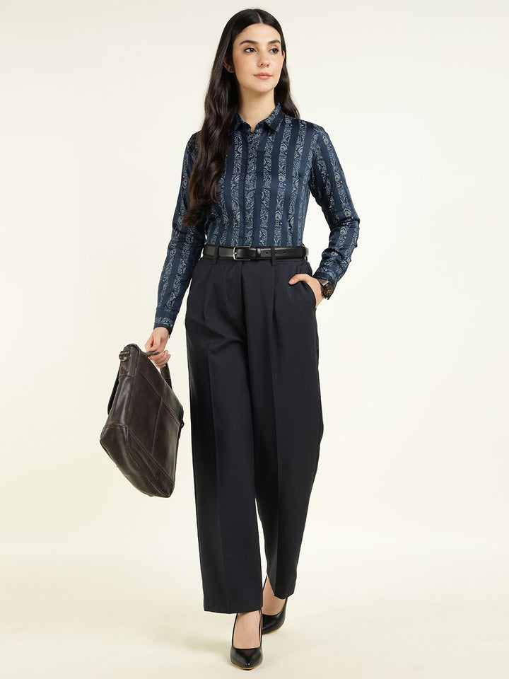 Women Navy Blue Striped Pure Cotton Regular Fit Party Shirt