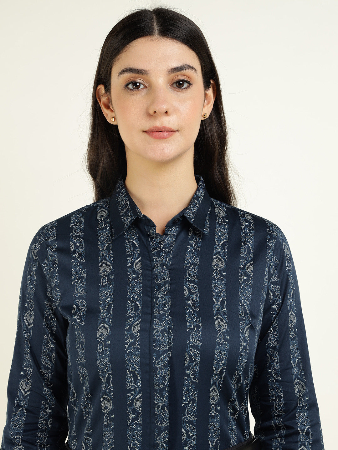 Women Navy Blue Striped Pure Cotton Regular Fit Party Shirt
