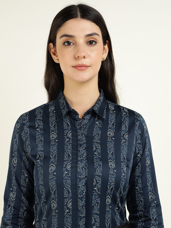 Women Navy Blue Striped Pure Cotton Regular Fit Party Shirt