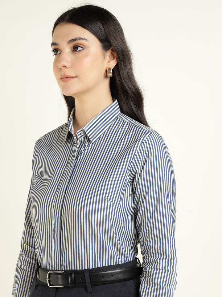 Women Blue & White Striped Pure Cotton Regular Fit Formal Shirt