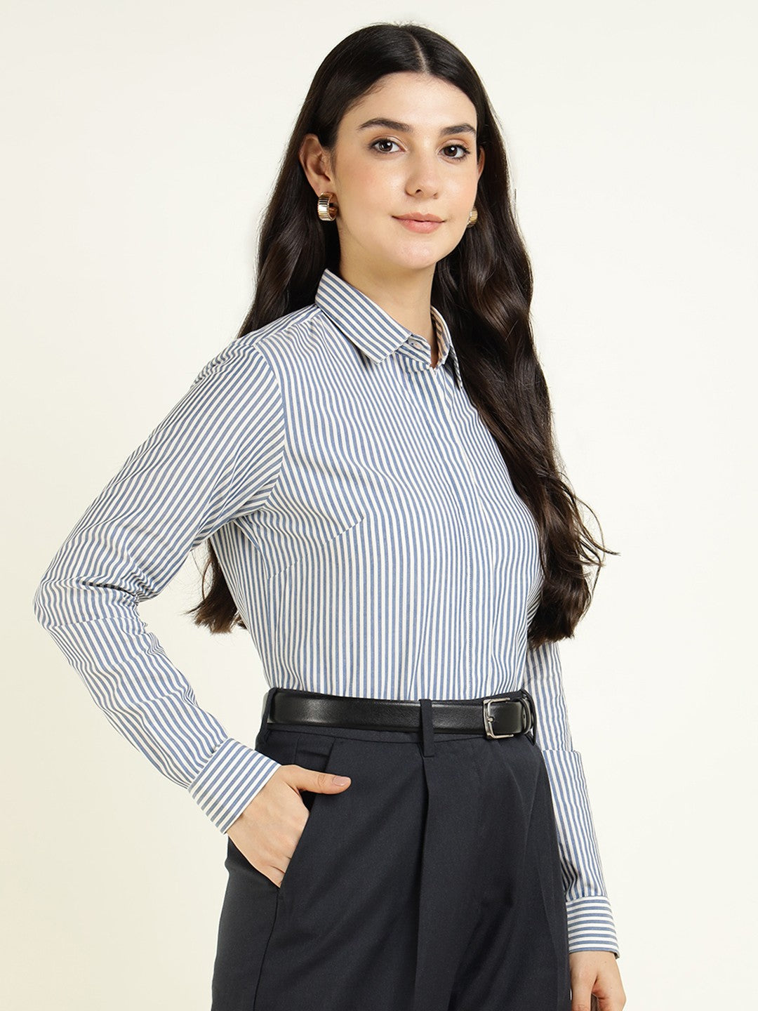 Women Blue & White Striped Pure Cotton Regular Fit Formal Shirt