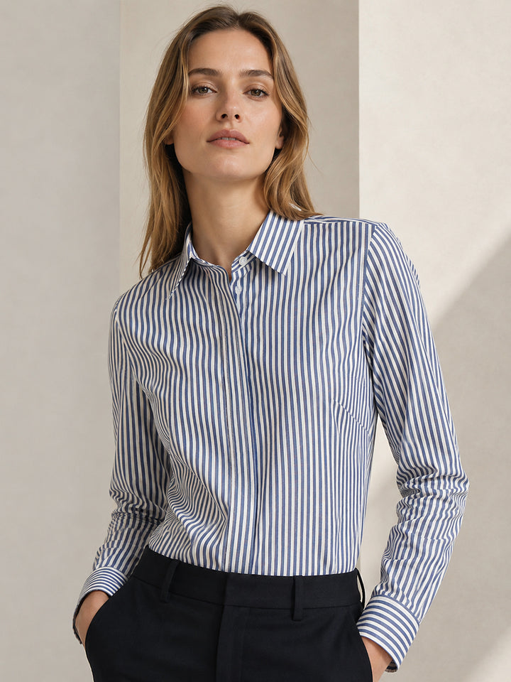 Women Blue & White Striped Pure Cotton Regular Fit Formal Shirt
