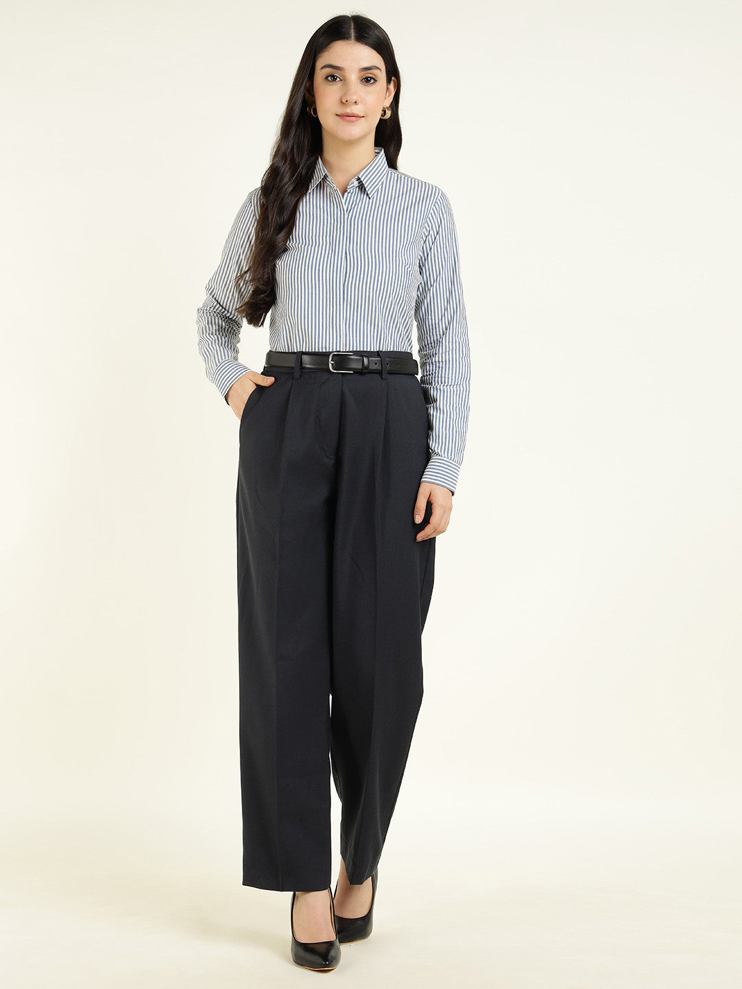 Women Blue & White Striped Pure Cotton Regular Fit Formal Shirt