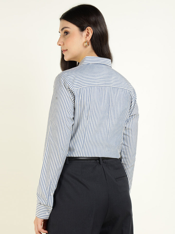 Women Blue & White Striped Pure Cotton Regular Fit Formal Shirt