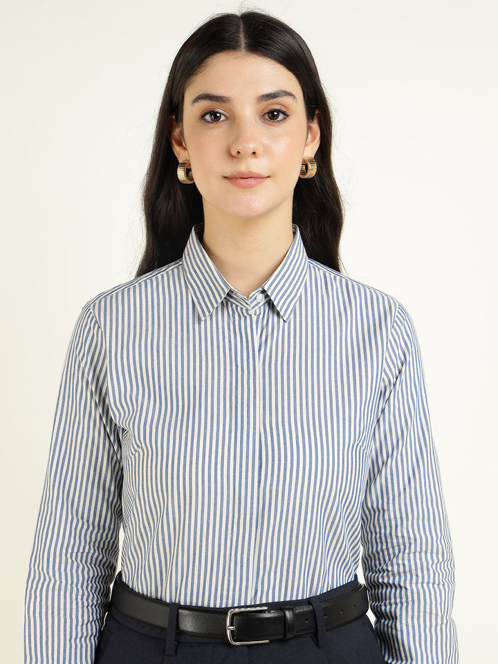 Women Blue & White Striped Pure Cotton Regular Fit Formal Shirt