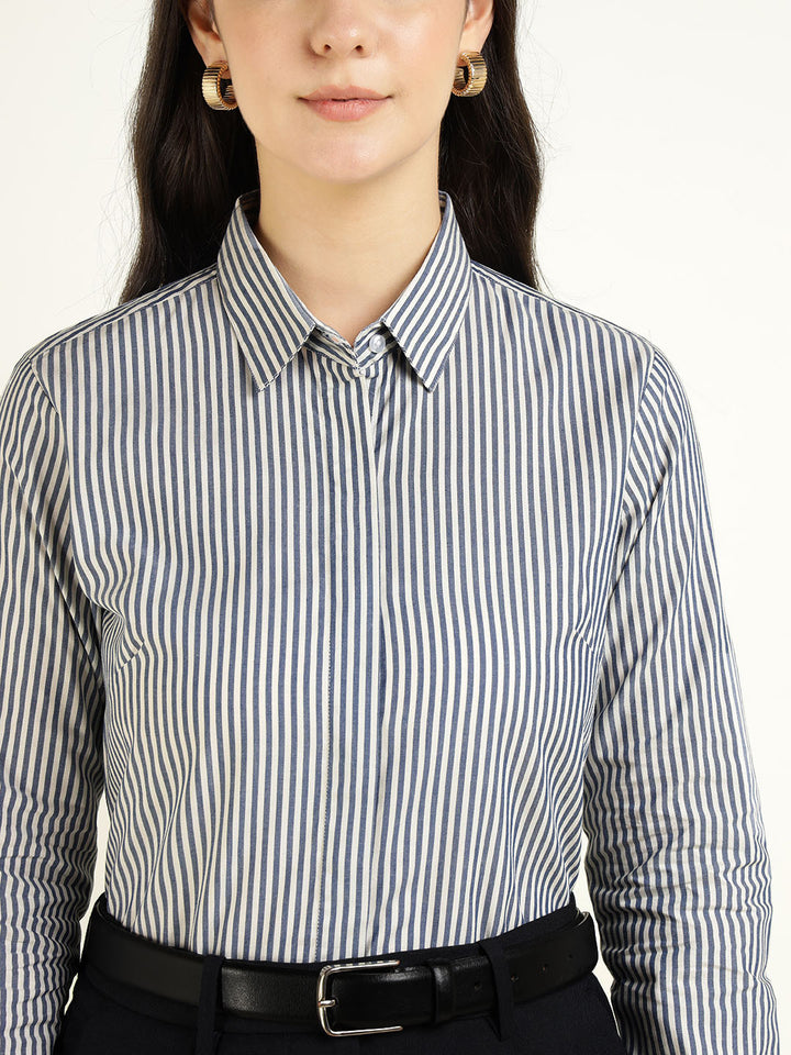 Women Blue & White Striped Pure Cotton Regular Fit Formal Shirt