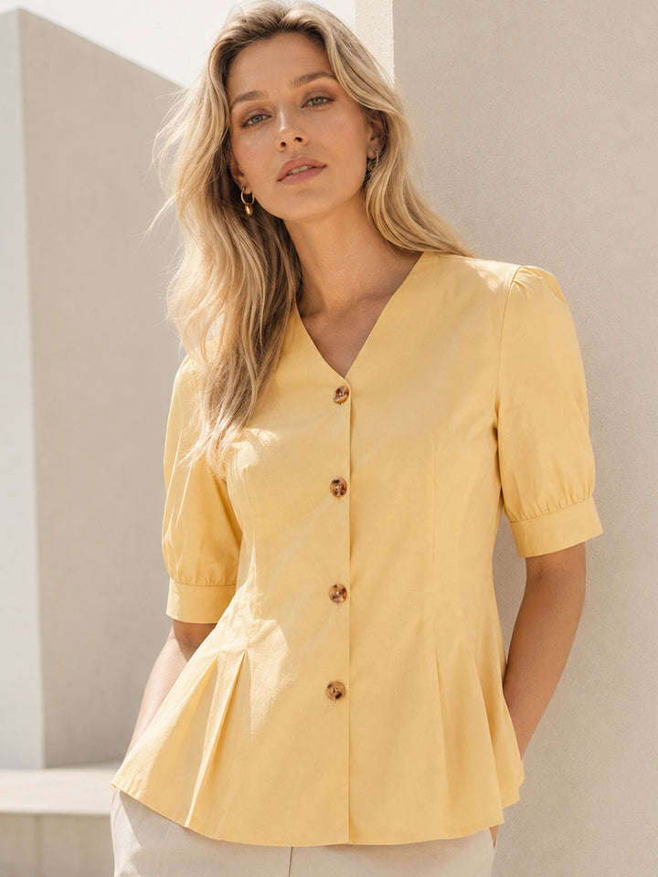 Women Yellow Solid Pure Cotton Regular Fit Formal Shirt