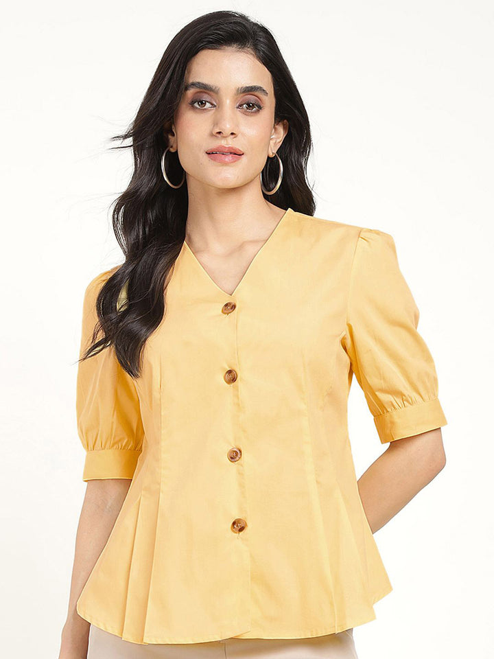 Women Yellow Solid Pure Cotton Regular Fit Formal Shirt