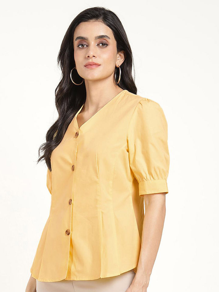 Women Yellow Solid Pure Cotton Regular Fit Formal Shirt