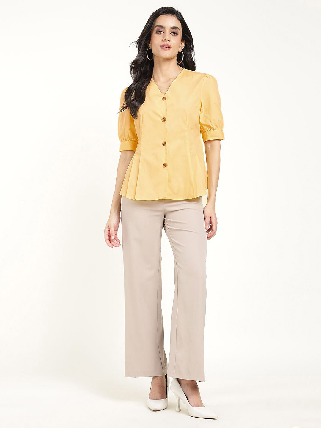 Women Yellow Solid Pure Cotton Regular Fit Formal Shirt