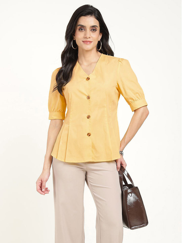 Women Yellow Solid Pure Cotton Regular Fit Formal Shirt