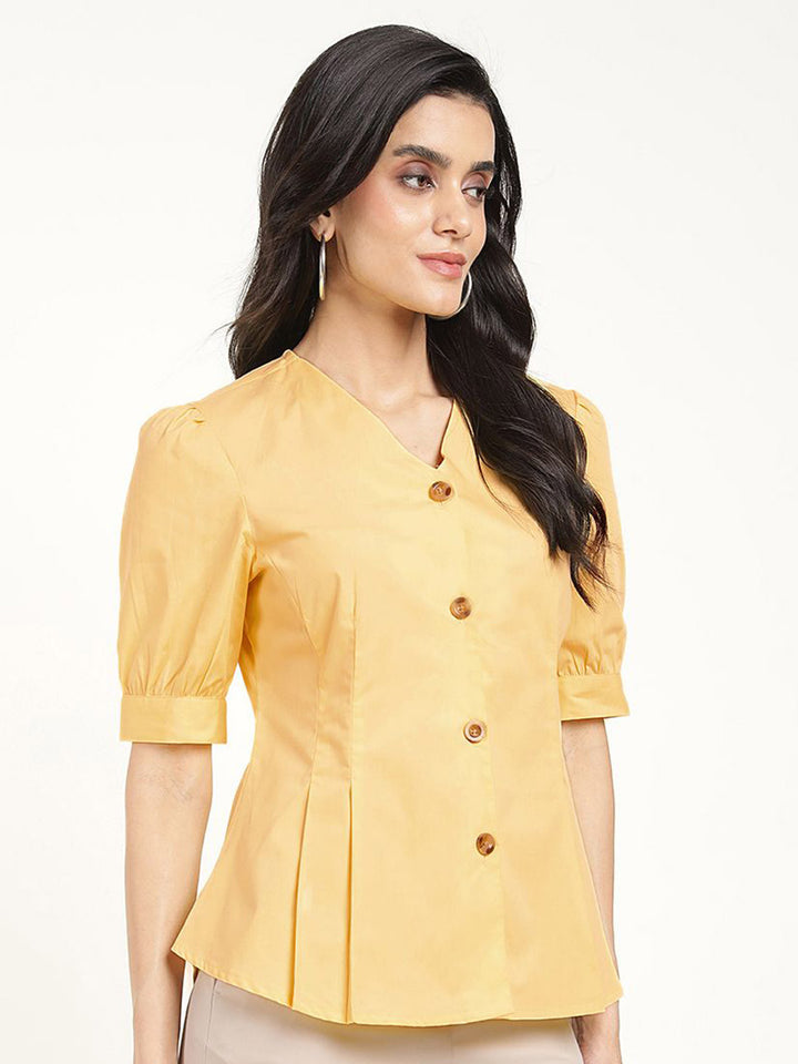 Women Yellow Solid Pure Cotton Regular Fit Formal Shirt