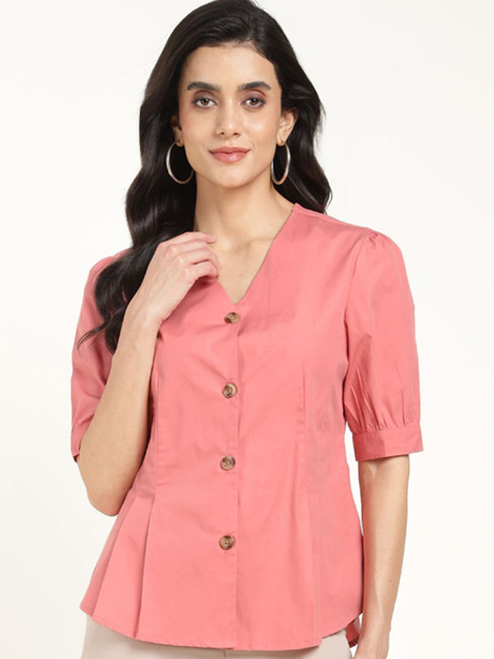 Women Coral Solid Pure Cotton Regular Fit Formal Shirt