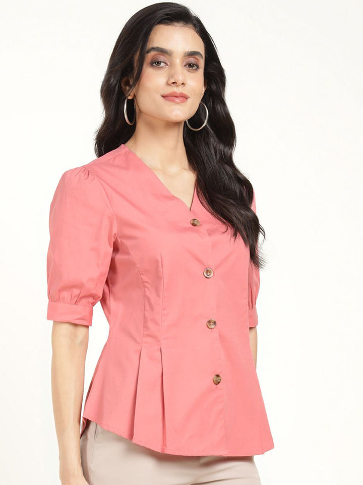 Women Coral Solid Pure Cotton Regular Fit Formal Shirt