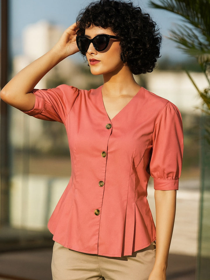 Women Coral Solid Pure Cotton Regular Fit Formal Shirt