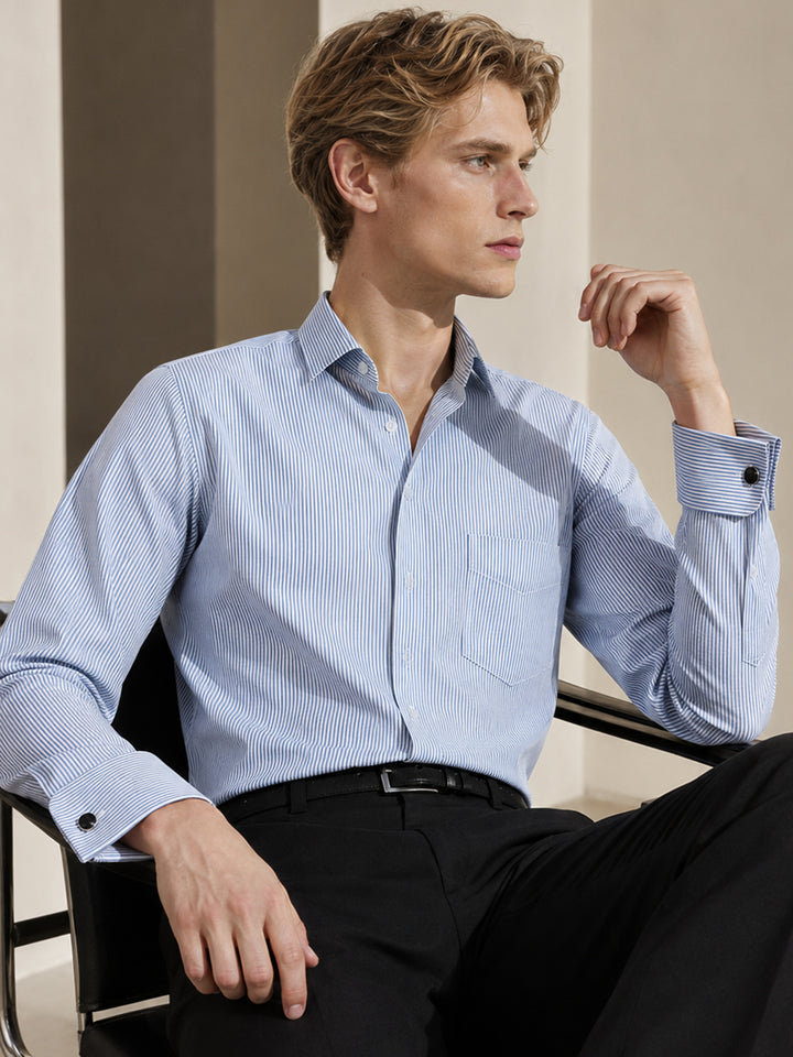Men Blue & White Stripes Pure Cotton Regular Fit Formal Shirt