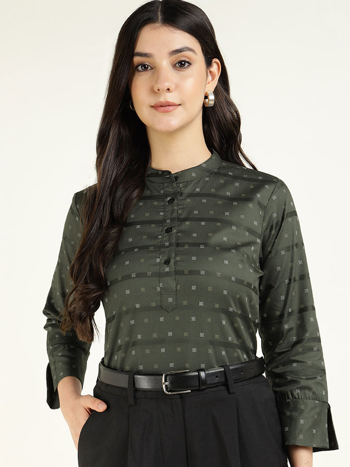 Hancock Women Olive Printed Pure Cotton Regular Fit Formal Top