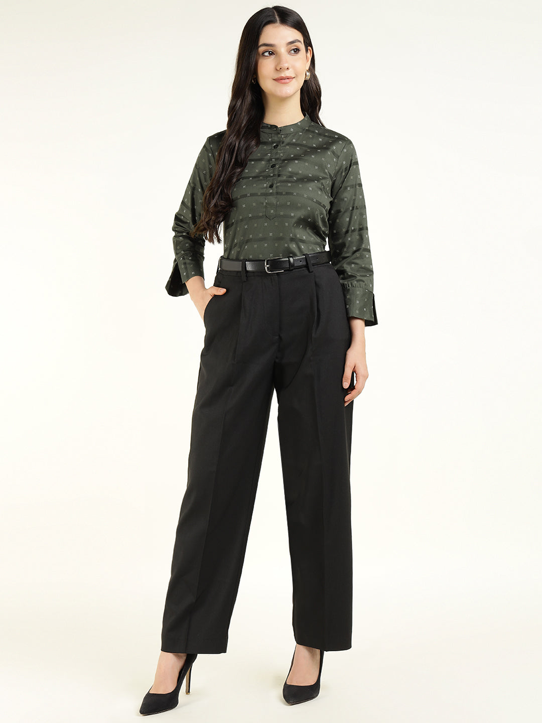 Hancock Women Olive Printed Pure Cotton Regular Fit Formal Top