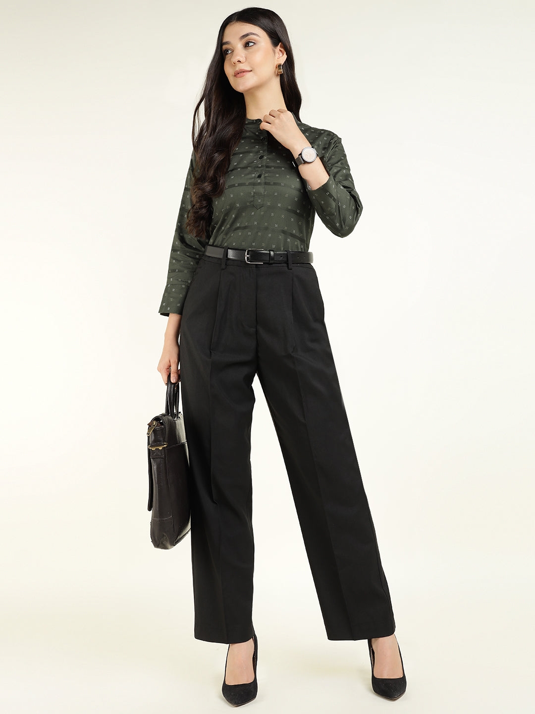 Hancock Women Olive Printed Pure Cotton Regular Fit Formal Top