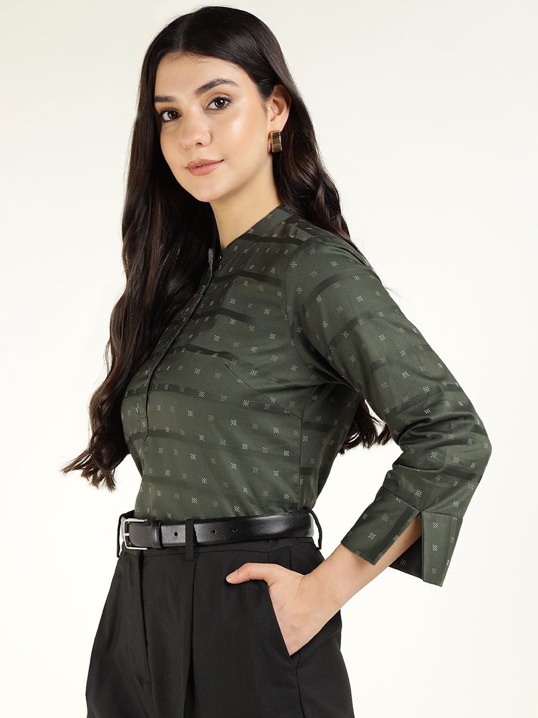 Hancock Women Olive Printed Pure Cotton Regular Fit Formal Top