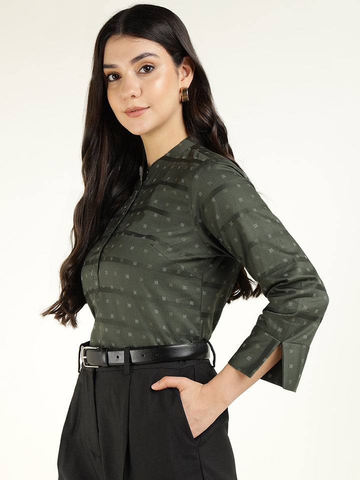 Hancock Women Olive Printed Pure Cotton Regular Fit Formal Top