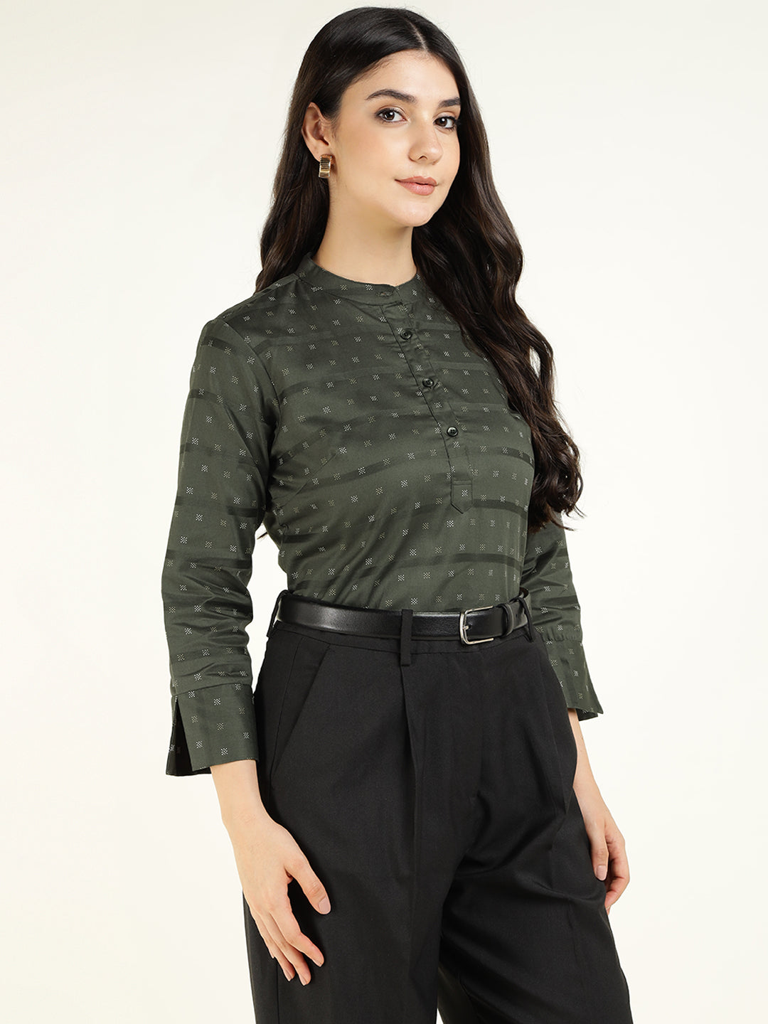 Hancock Women Olive Printed Pure Cotton Regular Fit Formal Top