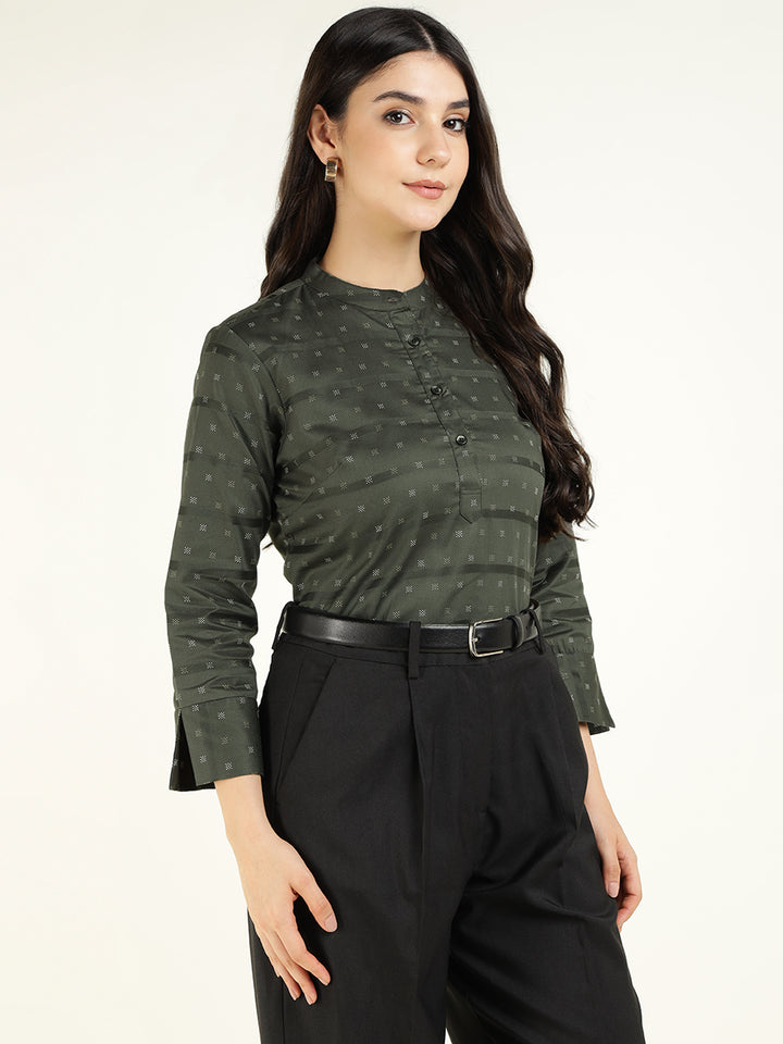 Hancock Women Olive Printed Pure Cotton Regular Fit Formal Top
