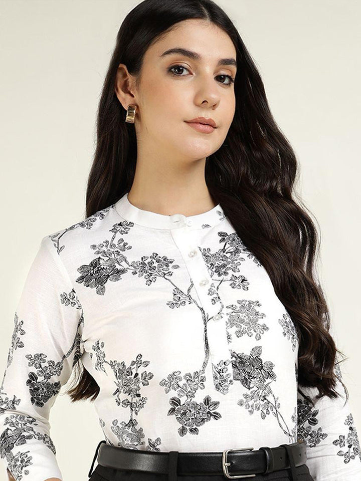 Hancock Women White & Black Printed Pure Cotton Regular Fit Formal Top