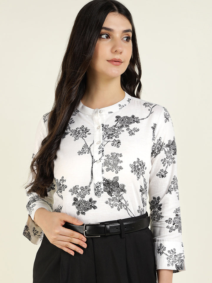 Hancock Women White & Black Printed Pure Cotton Regular Fit Formal Top