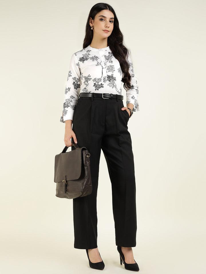 Hancock Women White & Black Printed Pure Cotton Regular Fit Formal Top