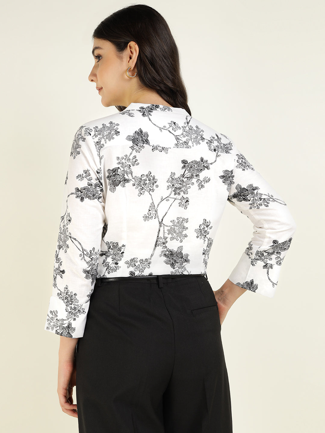 Hancock Women White & Black Printed Pure Cotton Regular Fit Formal Top