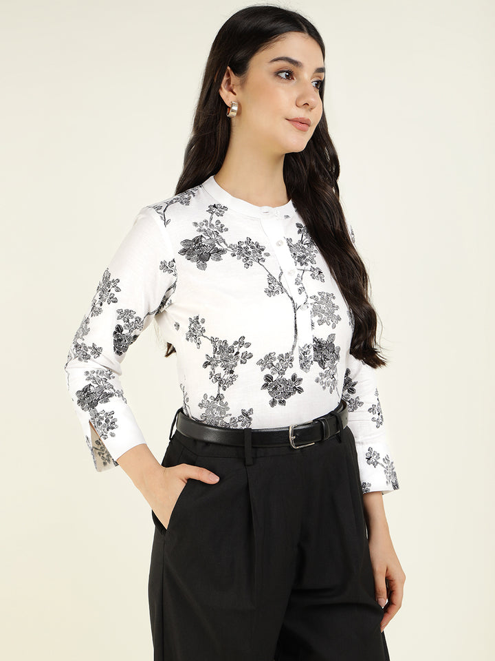 Hancock Women White & Black Printed Pure Cotton Regular Fit Formal Top
