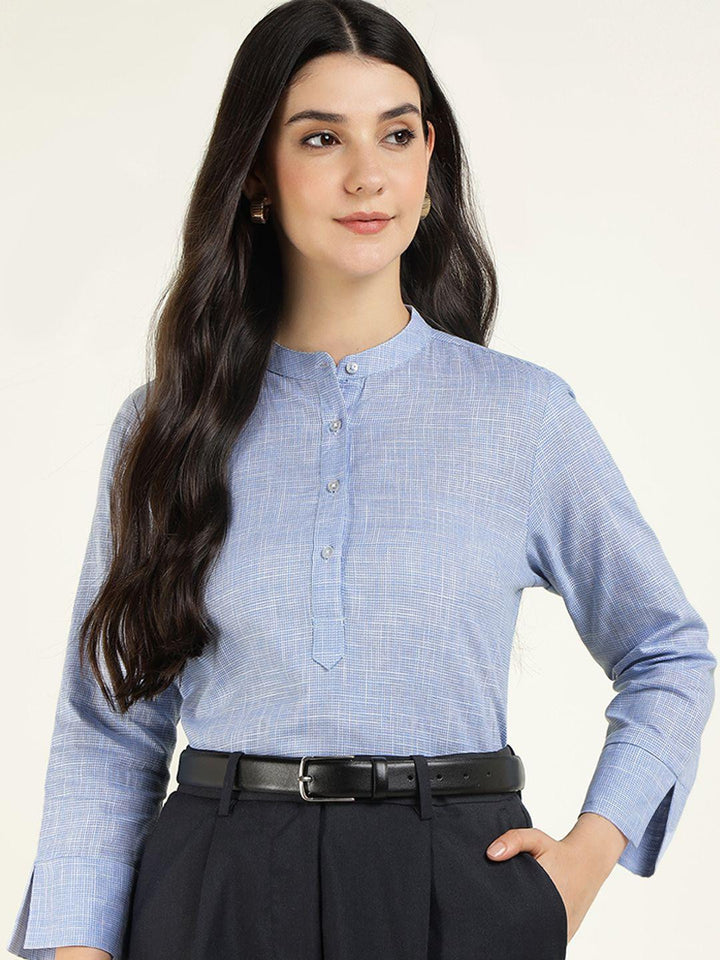 Hancock Women Blue Checked Pure Cotton Regular Fit Formal Top
