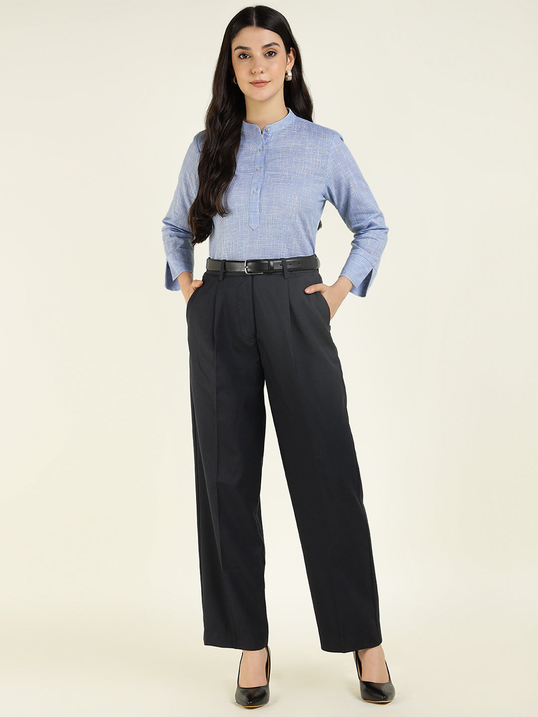 Hancock Women Blue Checked Pure Cotton Regular Fit Formal Top