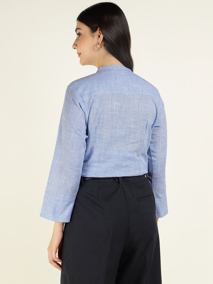 Hancock Women Blue Checked Pure Cotton Regular Fit Formal Top