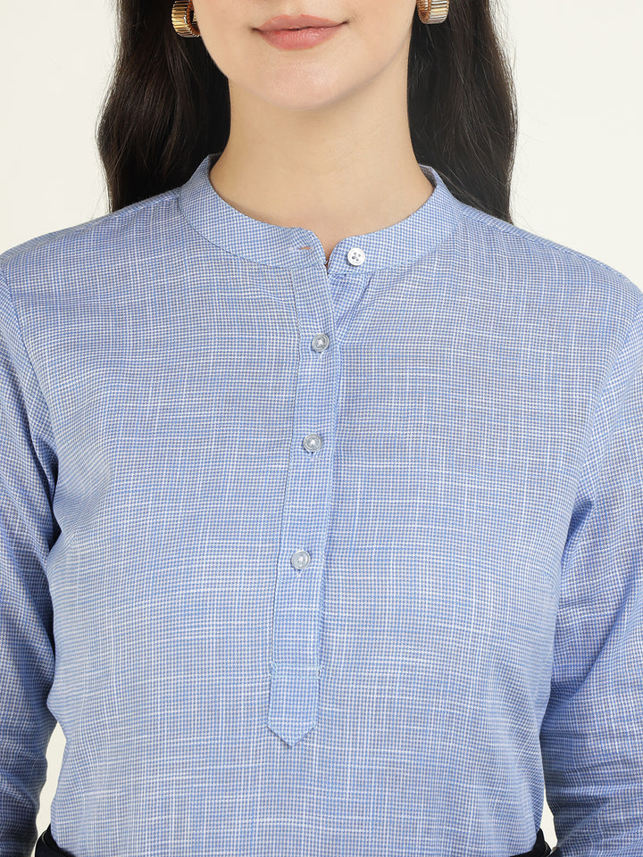 Hancock Women Blue Checked Pure Cotton Regular Fit Formal Top
