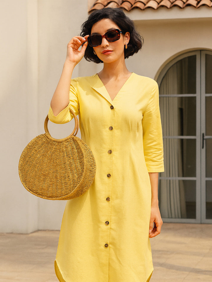 Hancock Women Yellow Solid Pure Cotton Regular Fit Formal Dress