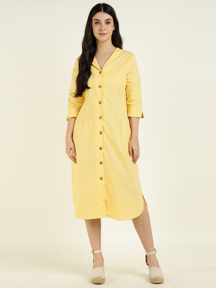 Hancock Women Yellow Solid Pure Cotton Regular Fit Formal Dress