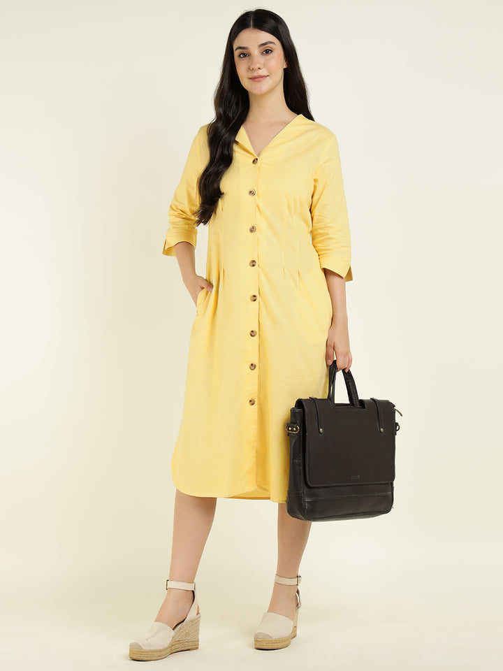 Hancock Women Yellow Solid Pure Cotton Regular Fit Formal Dress