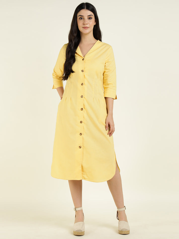 Hancock Women Yellow Solid Pure Cotton Regular Fit Formal Dress