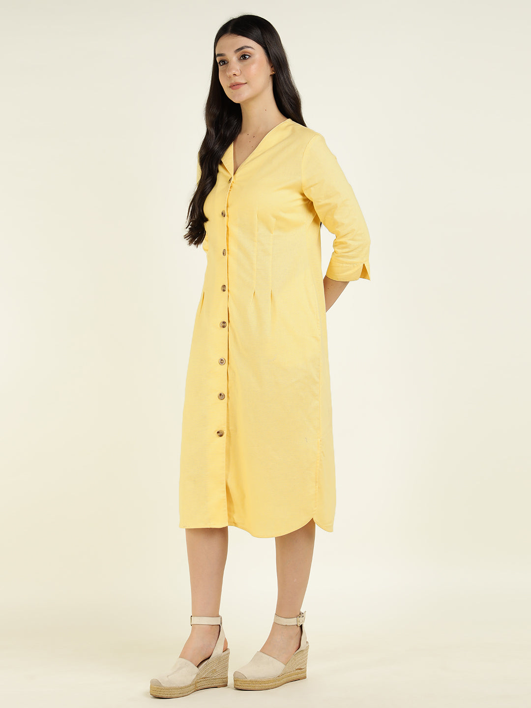 Hancock Women Yellow Solid Pure Cotton Regular Fit Formal Dress