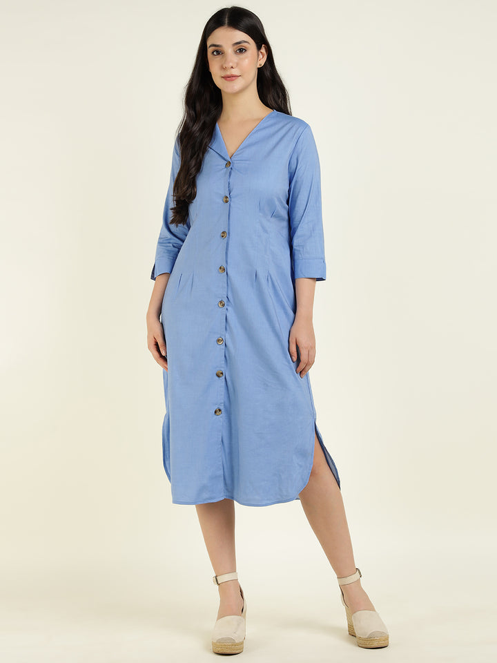 Hancock Women Blue Solid Pure Cotton Regular Fit Formal Dress
