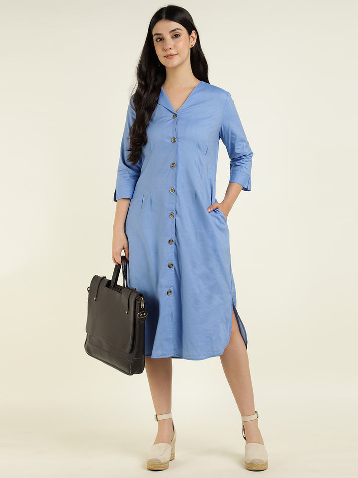 Hancock Women Blue Solid Pure Cotton Regular Fit Formal Dress