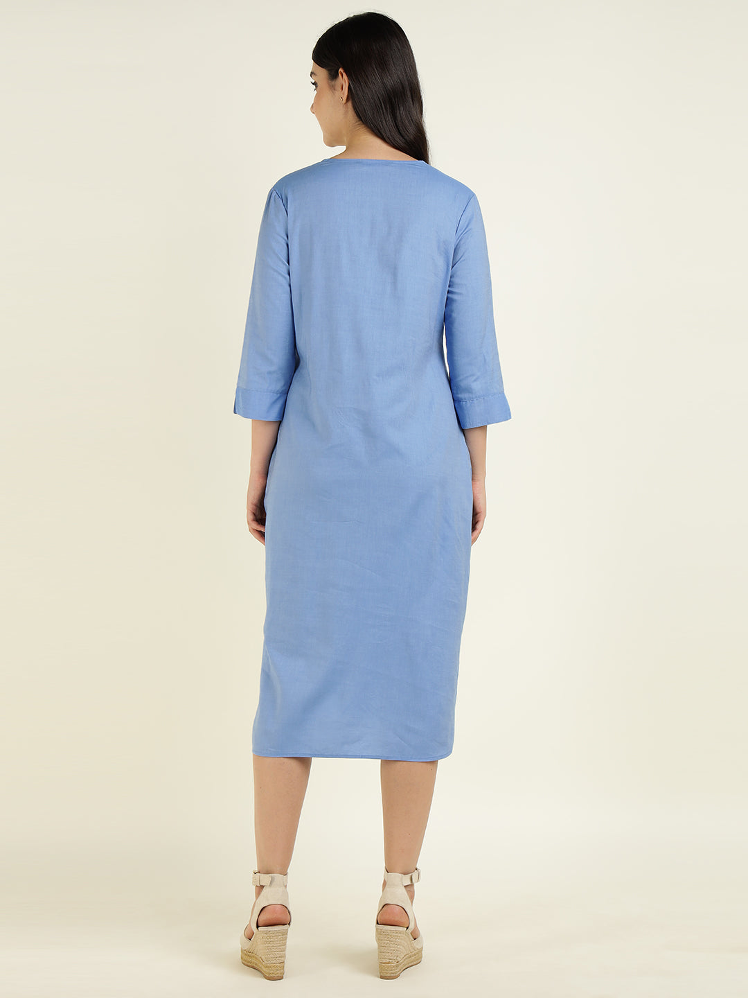 Hancock Women Blue Solid Pure Cotton Regular Fit Formal Dress