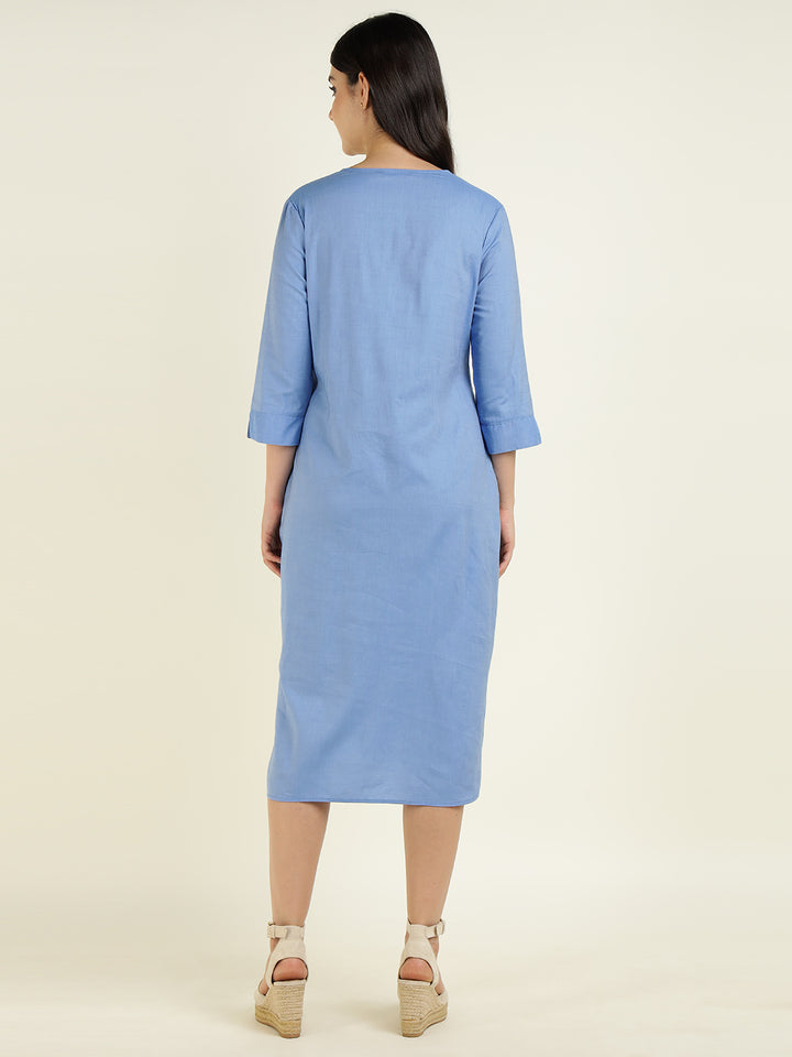Hancock Women Blue Solid Pure Cotton Regular Fit Formal Dress