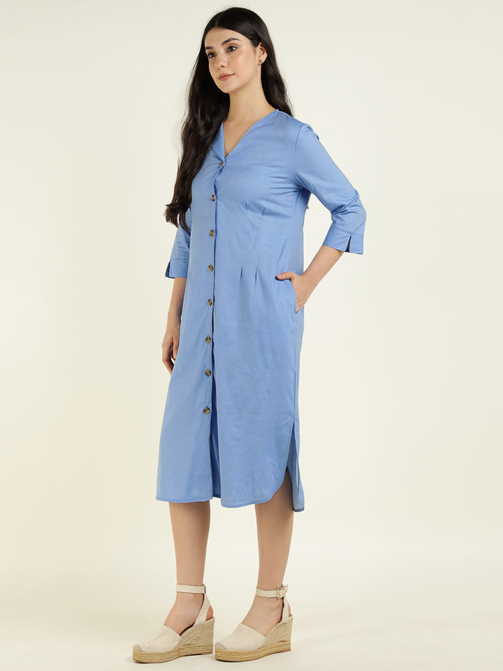 Hancock Women Blue Solid Pure Cotton Regular Fit Formal Dress